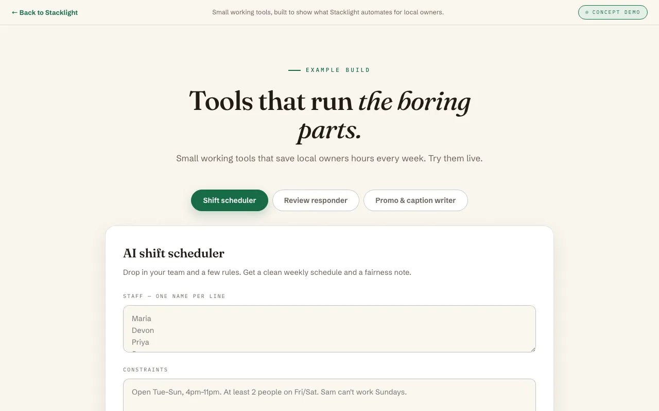 Working AI tools — a concept demo by Stacklight